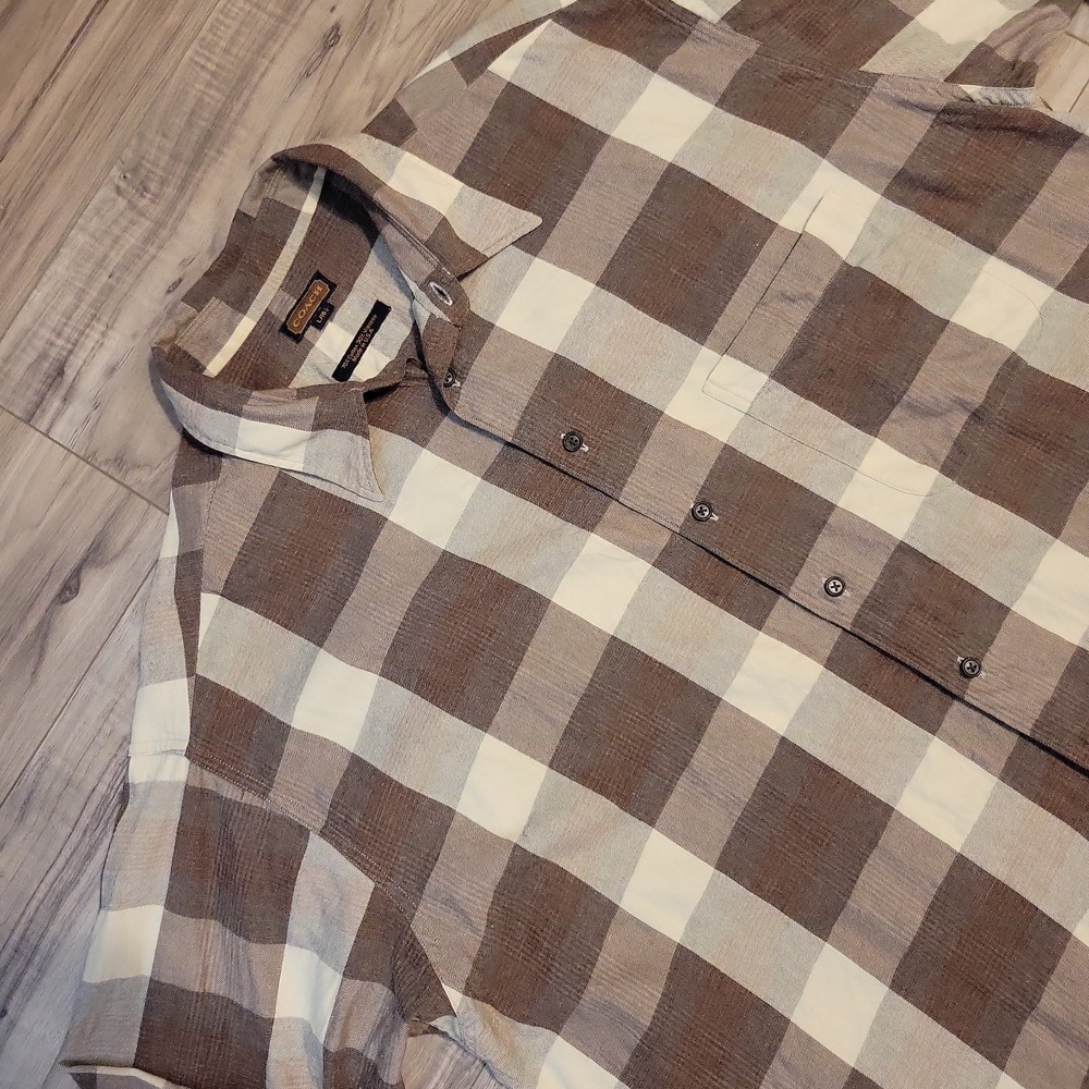 Coach Flannel Shirt Mens Large Brown Beige Plaid Long Sleeve Button Up
